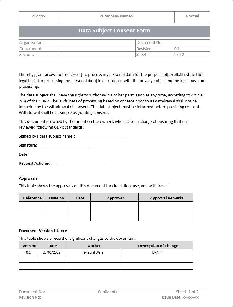 GDPR Data Subject Consent Form Template