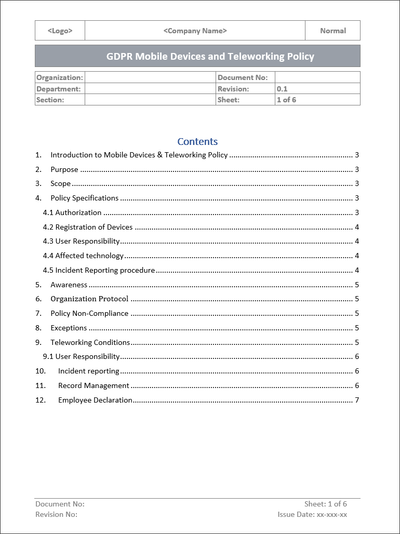 GDPR Mobile Devices and Teleworking Policy Template