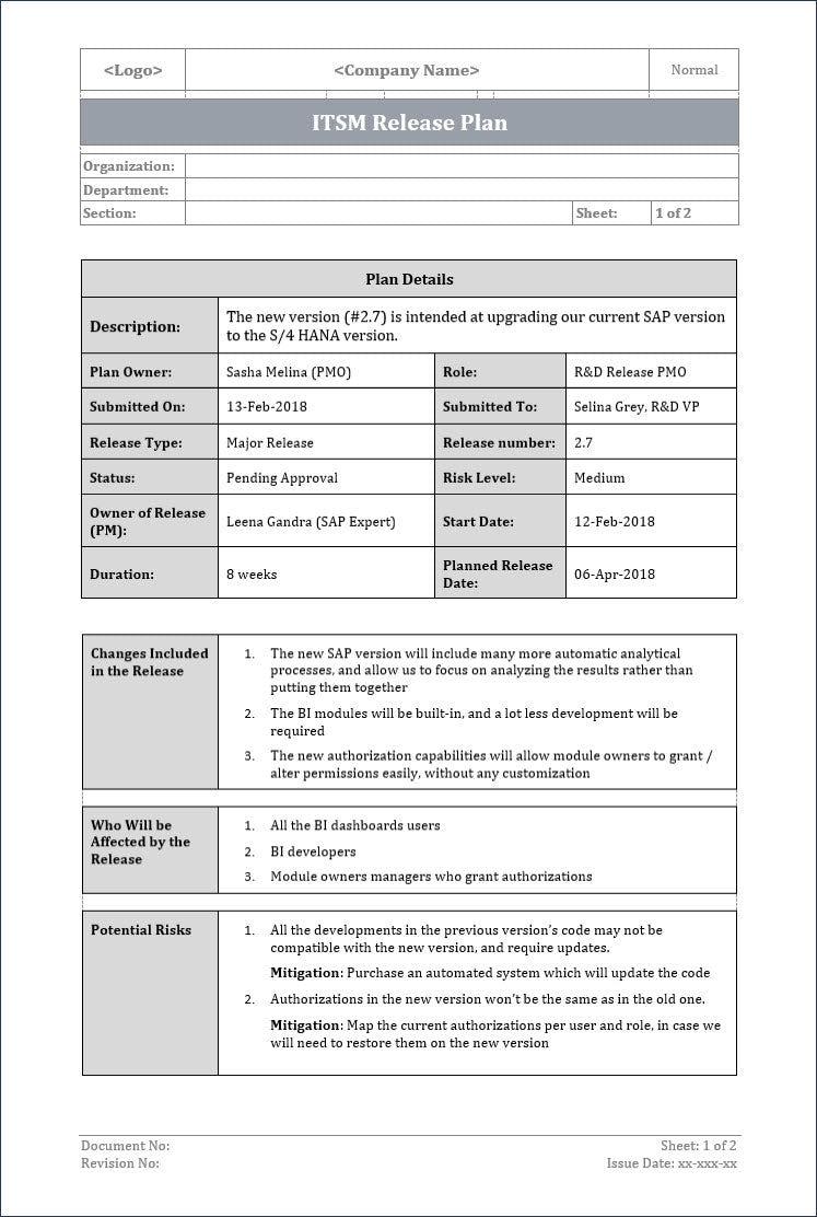Release Plan Template Itsm Docs Itsm Documents And Templates 4785