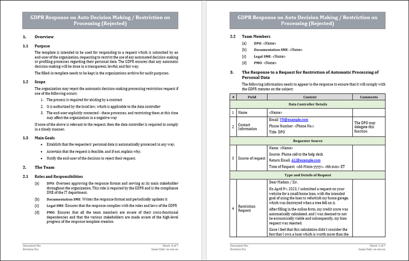 GDPR Response on Auto Decision Making/ Restriction Processing (Rejected) Template