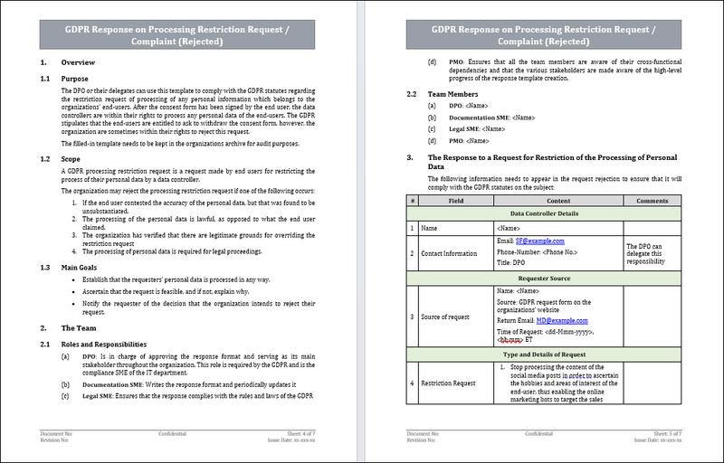 GDPR Response on Processing Restriction Request/ Complaint (Rejected) Template