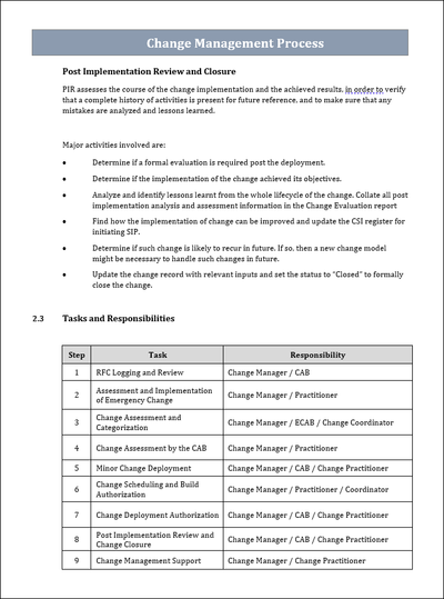 Change Management Task and Responsibilities