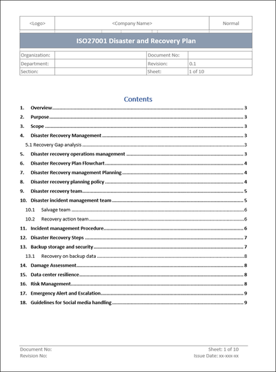 Disaster and recovery plan