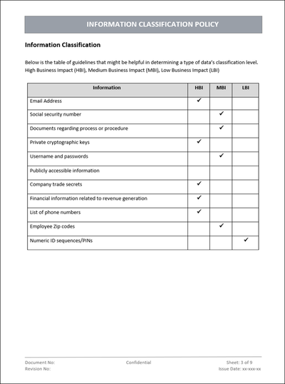 Information classification policy, Information classification