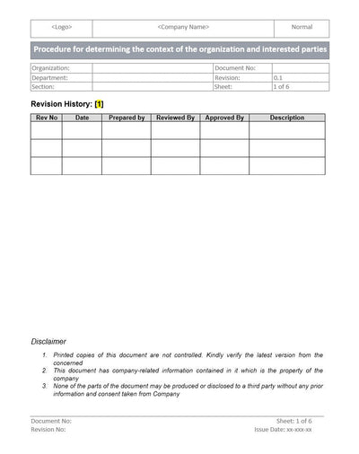 Procedure for determining context of organization and interested parties, organization context