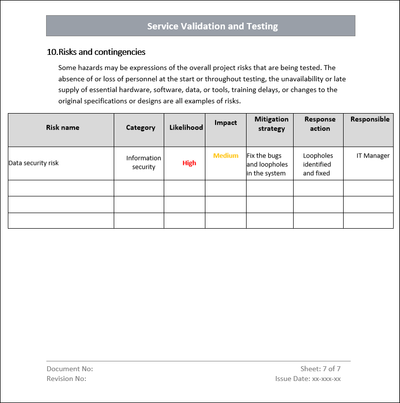 Service Validation and Testing Template Risks and contingencies